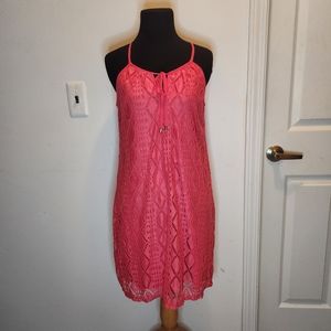 Lily Rose Hot Pink Spaghetti Strap Geometric Lace Small Mini Dress